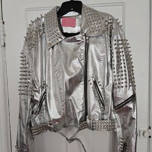 AZALEA WANGSpike Metallic Belted Faux Leather Moto Jacket In Silver